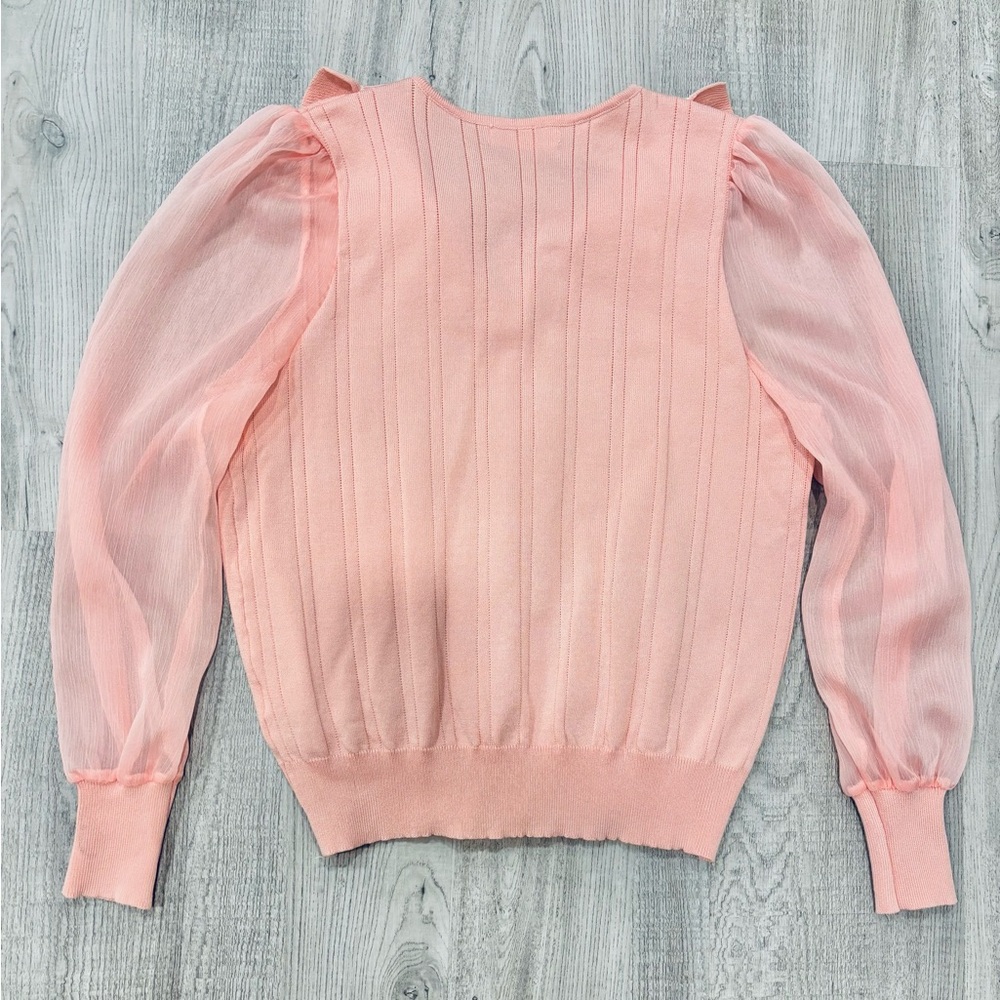 NWOT Pink V-Neck Bib Collar Sweater with Pearl Buttons Sheer Sleeves Size Small - Picture 6 of 6
